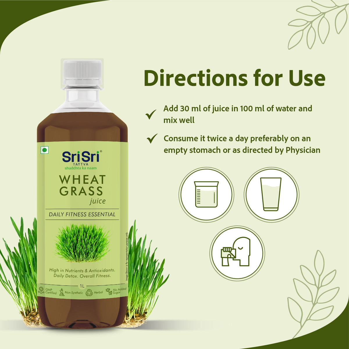 Sri Sri Tattva Wheat Grass Juice - Daily Fitness Essential | High In Nutrients & Antioxidants, Daily Detox, Overall Fitness | 1 L
