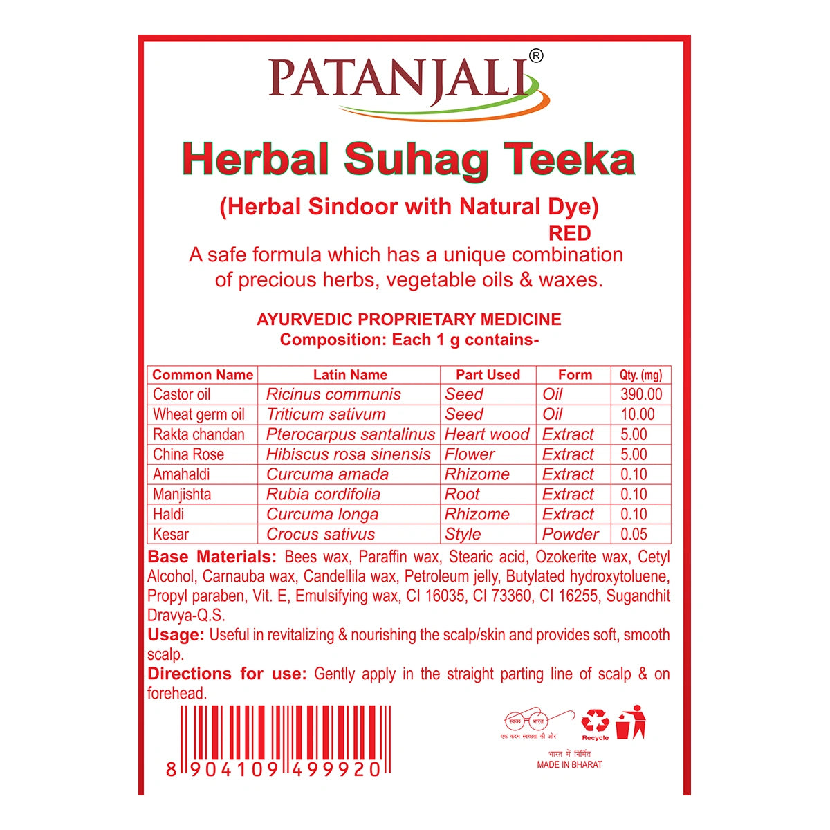 Patanjali Herbal Suhag Teeka Red