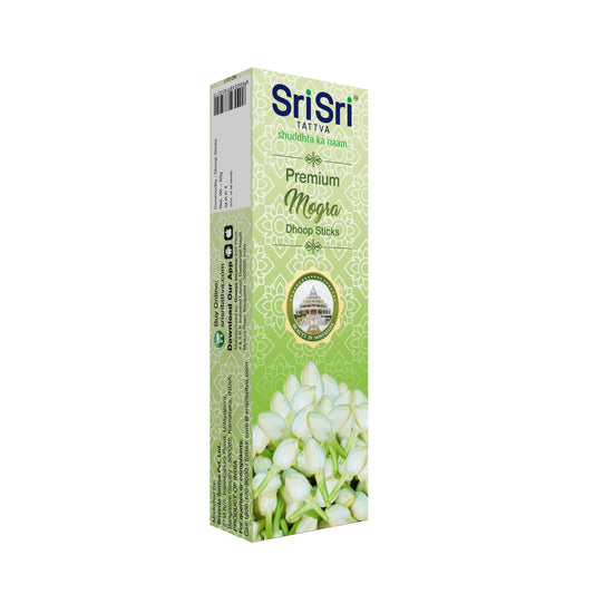 Sri Sri Tattva Premium Mogra Dhoop Sticks For Pooja | Dhoop Batti / Sticks | Fragrances – Natural Mogra | Bamboo-less | Free Stand | 50 g