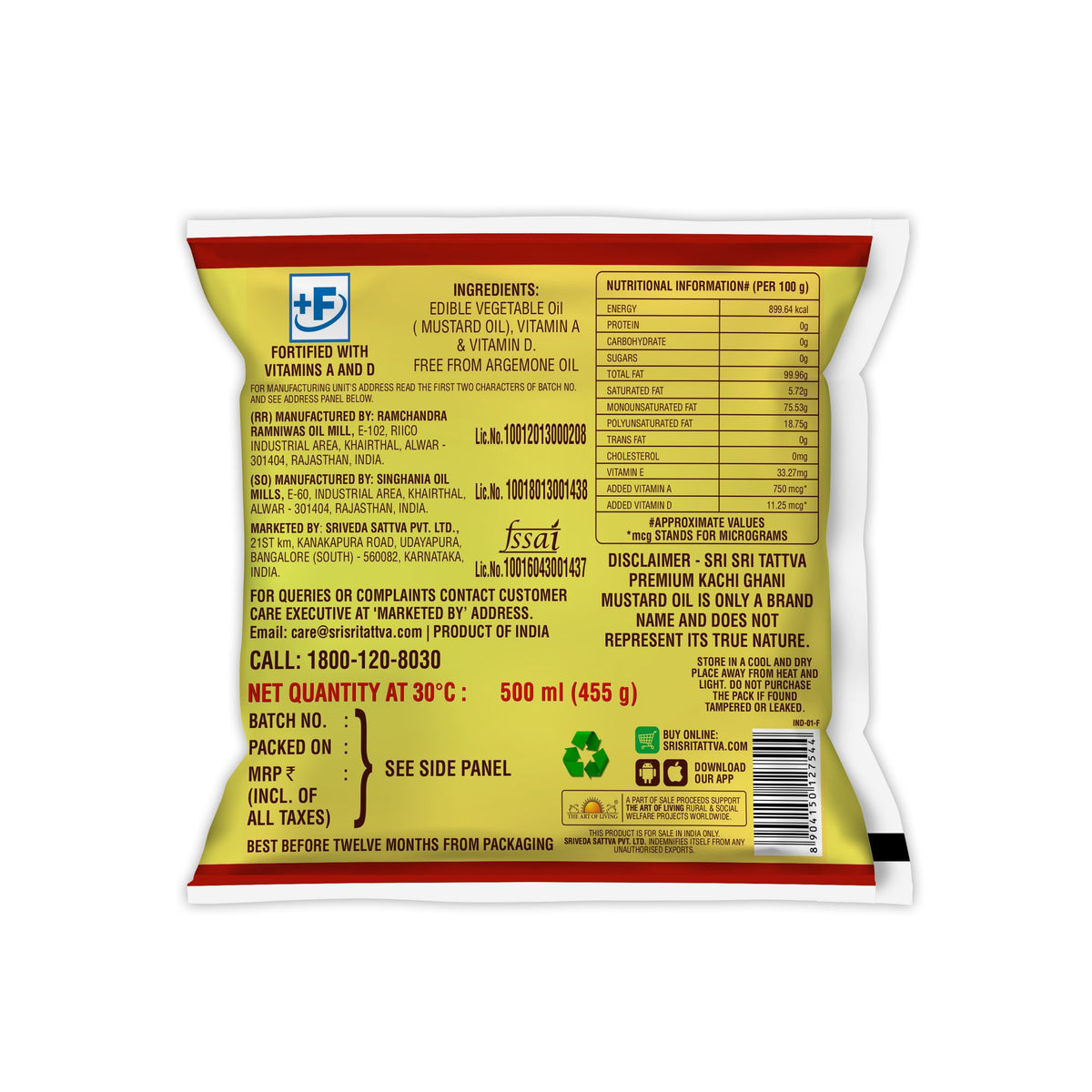 Sri Sri Tattva Premium Kachi Ghani Mustard Oil Pouch, 500 ml